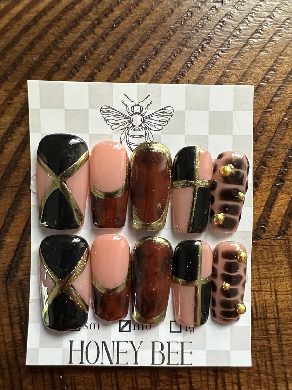 Press-On Nail Set in Pink, Black, Brown & Gold